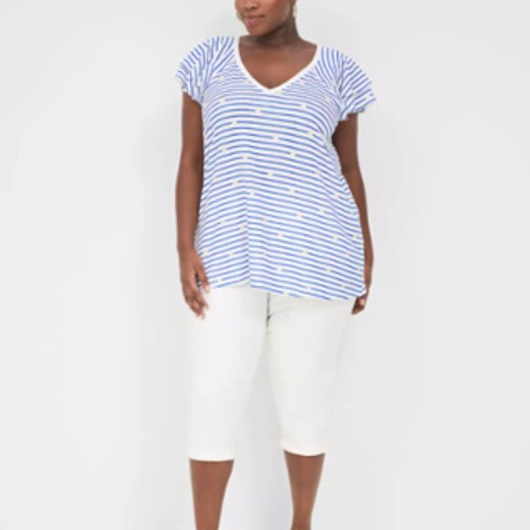 LANE BRYANT UEC Womens Size 14/16 Blue White Striped Gold Star Flutter Tee - Picture 3 of 12